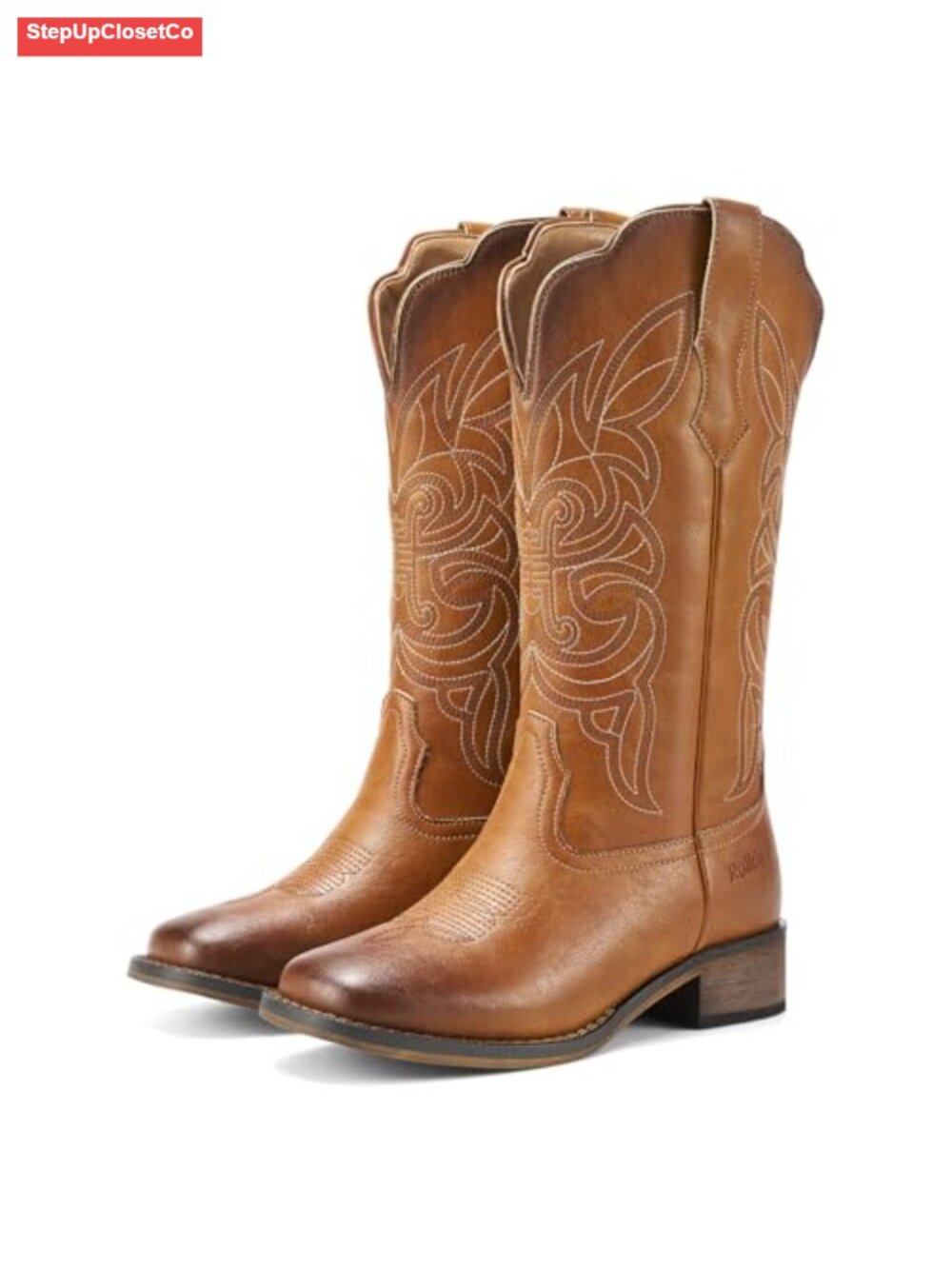 Western Cowgirl Boots Square Toe Mid Calf Synthetic Leather Women